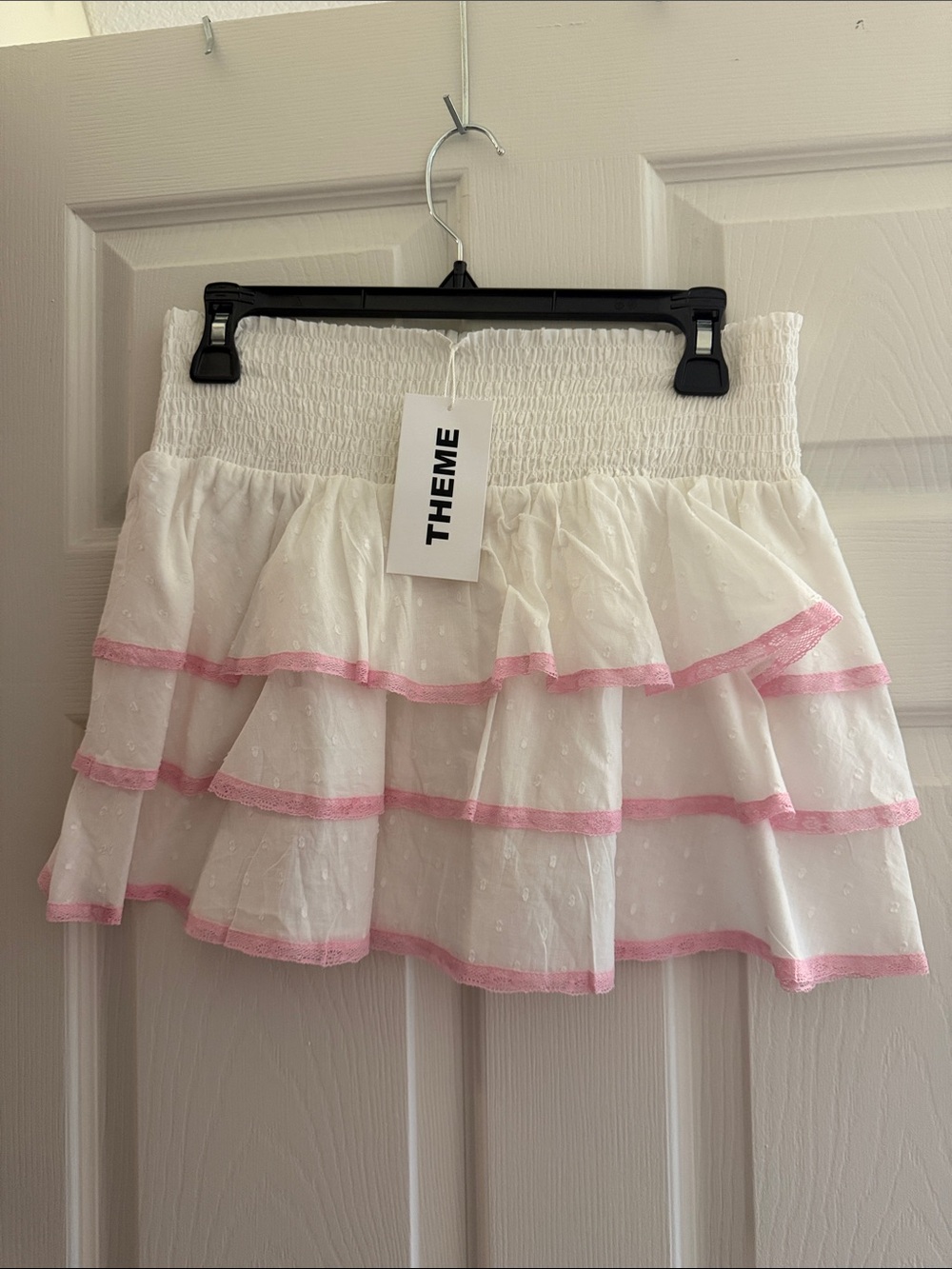 Theme White Tiered Mini Skirt with Pink Trim
